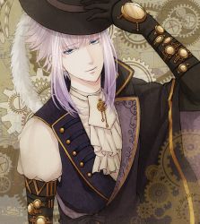 Rule 34 | 1boy, ascot, bad id, bad pixiv id, black gloves, black hat, blue eyes, cazalis, code:realize, feathers, gears, gloves, hat, long hair, looking at viewer, male focus, purple hair, saint germain (code:realize), solo, standing, steampunk