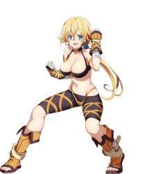 Rule 34 | 1girl, armlet, bare shoulders, bike shorts, blonde hair, blue eyes, boots, breasts, cleavage, collarbone, feet, fighting stance, fingerless gloves, full body, gina (sennen sensou aigis), gloves, knee boots, large breasts, legs, long hair, looking at viewer, midriff, navel, official art, open mouth, ponytail, scar, sennen sensou aigis, sleeveless, smile, solo, standing, thighs, thong, toeless footwear, toes, transparent background, white background