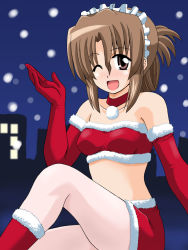 Rule 34 | 00s, 1girl, bad id, bad pixiv id, bare shoulders, blush, boots, breasts, brown eyes, brown hair, choker, christmas, elbow gloves, folded ponytail, gloves, hair up, hairband, hayate no gotoku!, long hair, maria (hayate no gotoku!), midriff, navel, one eye closed, pantyhose, ponzu rui, red gloves, santa costume, smile, solo, thighs, white pantyhose, wink