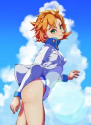 Rule 34 | 1girl, 2049 (hh5566), absurdres, ass, blush, breasts, cowboy shot, creatures (company), game freak, green eyes, highres, jacket, legs, legs together, misty (pokemon), nintendo, one-piece swimsuit, open mouth, orange hair, pokemon, pokemon hgss, simple background, sky, solo, spread legs, standing, swimsuit, thighs