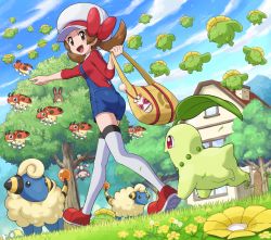 Rule 34 | 1girl, :d, aipom, bag, blue overalls, blush, bow, brown eyes, brown hair, building, chikorita, cloud, creatures (company), day, dunsparce, eyelashes, flower, from below, from side, game freak, gen 2 pokemon, grass, hat, hat bow, highres, holding, holding bag, ledyba, looking down, lyra (pokemon), mareep, nintendo, open mouth, outdoors, outstretched arm, overalls, pointing, pokemoa, pokemon, pokemon (creature), pokemon hgss, red bow, red footwear, sentret, shoes, skiploom, sky, smile, sudowoodo, thighhighs, tongue, tree, twintails, walking, white headwear, white thighhighs, yellow bag