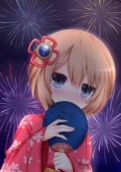 Rule 34 | 10s, 1girl, aerial fireworks, alternate costume, blanc (neptunia), blue eyes, brown hair, candy apple, fireworks, floral print, food, hand fan, haru blanc0316, highres, japanese clothes, kimono, looking at viewer, neptune (series), night, night sky, paper fan, red kimono, short hair, sky, solo, yukata
