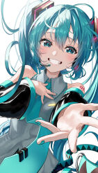 Rule 34 | 1girl, absurdres, aqua eyes, aqua hair, aqua nails, aqua necktie, arm tattoo, bare shoulders, black sleeves, collared shirt, commentary, detached sleeves, diamond-shaped pupils, diamond (shape), fingernails, grey shirt, grin, hair ornament, hand on own chest, hatsune miku, headset, highres, long hair, looking at viewer, microphone, miku day, nail polish, necktie, number tattoo, outstretched arm, reaching, reaching towards viewer, shirt, simple background, sleeveless, sleeveless shirt, smile, solo, symbol-shaped pupils, tattoo, tatyaoekaki, teeth, tie clip, twintails, upper body, very long hair, vocaloid, white background