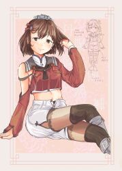 Rule 34 | 1girl, adapted costume, asymmetrical clothes, black neckerchief, black thighhighs, boots, breasts, brown eyes, brown hair, clothing cutout, english text, highres, kantai collection, long sleeves, midriff, navel, neckerchief, pantyhose, red shirt, shirt, short hair, short shorts, shorts, shoulder cutout, small breasts, smile, tan yang (kancolle), thighband pantyhose, thighhighs, thighhighs over pantyhose, thighhighs under boots, thrux, white shorts, yukikaze (kancolle)