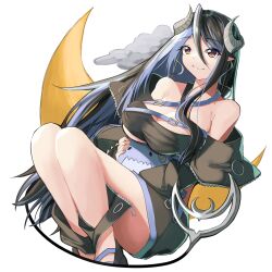 Rule 34 | 1girl, bandeau, belt, black bandeau, black belt, black footwear, black hair, black jacket, black skirt, blue belt, blue hair, breasts, brown eyes, chest belt, cleavage, closed mouth, commentary request, crescent moon, curled horns, demon girl, demon horns, demon tail, full body, grey horns, hair between eyes, hebiyoi tier, hebiyoi tier (1st costume), highres, horns, jacket, large breasts, long bangs, long hair, long sleeves, looking at viewer, moon, multicolored hair, nanashi inc., off shoulder, open clothes, open jacket, pointy ears, shiranui enki, shoes, sidelocks, simple background, skirt, smile, snake bite, solo, tail, transparent background, two-tone hair, virtual youtuber