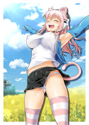 Rule 34 | 1girl, arms up, blush, breasts, closed eyes, cloud, covered erect nipples, day, detached sleeves, female focus, ganari ryuu, happy, headset, large breasts, long hair, no bra, original, panties, pink hair, skirt, sky, solo, striped clothes, striped thighhighs, super tama musume, tail, tamatoys, thighhighs, underwear, white panties