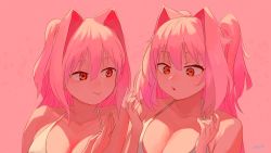 Rule 34 | 2girls, absurdres, animal ears, artist request, bra, breasts, chewing, closed mouth, collarbone, eating, eyebrows, eyebrows hidden by hair, hair between eyes, hair intakes, hands up, highres, large breasts, light, md5 mismatch, multiple girls, nose, orange eyes, original, pink background, pink hair, resolution mismatch, shadow, siblings, signature, simple background, source request, source smaller, staring, surprised, twins, underwear
