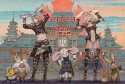 Rule 34 | 1boy, 1girl, 2023, animal ears, warrior of light (ff14), breasts, castle, chinese zodiac, cleavage, dark-skinned female, dark skin, final fantasy, final fantasy xiv, grey hair, grin, happy new year, looking at viewer, loporrit, medium breasts, new year, official art, pelvic curtain, rabbit ears, see-through, smile, standing, turban, viera, year of the rabbit
