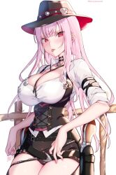 Rule 34 | 1girl, absurdres, breasts, button gap, choker, cleavage, collarbone, collared shirt, corset, cowboy, cowboy hat, gluteal fold, gun, handgun, hat, highres, hololive, hololive english, holster, kamiya maneki, large breasts, leaning back, legs together, long hair, long sleeves, looking at viewer, low-cut, midriff, mori calliope, mori calliope (sheriff), official alternate costume, pink eyes, pink hair, red eyes, revolver, sheriff badge, shirt, shorts, simple background, sitting, skindentation, solo, star (symbol), sweat, thick thighs, thigh gap, thigh strap, thighs, tongue, tongue out, very long hair, vest, virtual youtuber, wariza, weapon, western, white background, white shirt