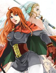 Rule 34 | aiw, aqua eyes, bad id, bad pixiv id, blonde hair, breasts, cape, circlet, closed mouth, commentary request, dress, gensou suikoden, gensou suikoden i, gloves, headband, long hair, multiple girls, odessa silverberg, open mouth, red cape, serious, sword, weapon