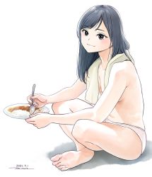 Rule 34 | 1girl, black eyes, black hair, commentary request, crossed ankles, curry, curry rice, dated, eating, food, holding, holding plate, horikou, indian style, panties, pink panties, plate, reiko (super cub), rice, sitting, solo, spoon, super cub, swept bangs, topless, towel, towel around neck, underwear, underwear only, white background