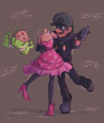 Rule 34 | 1boy, 1girl, brown hair, chi nya nya nya, dancing, domino mask, dress, drill hair, closed eyes, facial hair, full body, gloves, green eyes, grey background, hat, head removed, highres, humanization, jewelry, luigi, mimi (paper mario), mario (series), mask, mr l, mustache, necklace, nintendo, open mouth, paper mario, pearl necklace, personification, smile, super paper mario, sweatdrop, twin drills