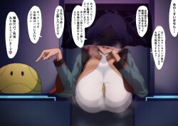 Rule 34 | 1girl, breasts, breath, cleavage cutout, clothing cutout, dark-skinned female, dark skin, facing viewer, gundam, gundam suisei no majo, hanging breasts, haro, highres, huge breasts, indoors, iwao178, japanese text, open mouth, paizuri invitation, secelia dote, speech bubble, translation request