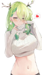 Rule 34 | 1girl, alternate costume, antlers, braid, braided bangs, breasts, ceres fauna, closed mouth, cropped sweater, earrings, flower, green hair, hair flower, hair ornament, hair over one eye, heart, highres, hololive, hololive english, horns, jewelry, large breasts, long hair, long sleeves, looking at viewer, mole, mole under eye, navel, qilin (mythology), ribbed sweater, shuuzo3, simple background, single braid, sleeves past wrists, smile, solo, spoken heart, sweater, turtleneck, turtleneck sweater, upper body, virtual youtuber, white background, white flower, white sweater, yellow eyes