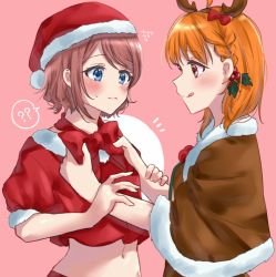Rule 34 | 2girls, :q, ?, adjusting neckwear, ahoge, animal costume, antlers, bad id, bad twitter id, blue eyes, blush, bow, bowtie, braid, brown capelet, brown hair, capelet, christmas, commentary request, crop top, flying sweatdrops, fur-trimmed capelet, fur-trimmed shirt, fur trim, hair bow, hair ornament, hat, holding another&#039;s arm, holly hair ornament, horns, love live!, love live! sunshine!!, midriff, minori 748, multiple girls, navel, notice lines, orange hair, pink background, red bow, red eyes, red neckwear, red shirt, reindeer antlers, reindeer costume, santa costume, santa hat, shirt, short hair, short sleeves, side braid, simple background, spoken question mark, sweatdrop, takami chika, tongue, tongue out, upper body, watanabe you