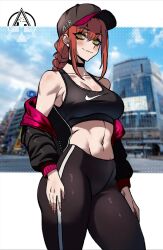 Rule 34 | 1girl, bare shoulders, baseball cap, black jacket, black leggings, black sports bra, braid, braided ponytail, breasts, chainsaw man, crop top, dizzle, fingernails, hat, highres, jacket, jacket partially removed, jewelry, large breasts, leggings, looking at viewer, makima (chainsaw man), medium breasts, midriff, navel, nike (company), red hair, ring, ringed eyes, solo, sports bra, streetwear, tight clothes, yellow eyes