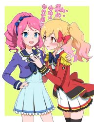Rule 34 | 2girls, :d, aikatsu!, aikatsu! (series), aikatsu stars!, black legwear, blonde hair, blue bow, blue dress, blue eyes, blue hairband, border, bow, bow hairband, bowtie, bright pupils, brown eyes, dress, epaulettes, gradient hair, hair bow, hairband, hand on another&#039;s chest, hand on another&#039;s shoulder, jacket, looking at viewer, multicolored hair, multiple girls, nijino yume, open mouth, otoshiro seira, pink hair, purple jacket, red bow, red jacket, skirt, smile, standing, thighhighs, white border, white pupils, white skirt, yellow background, yoban