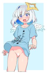 Rule 34 | 1girl, amane kanata, angel, angel wings, bar censor, blue background, blue hair, blue shirt, blush, border, bottomless, censored, colored inner hair, cropped legs, gradient wings, grey hair, halo, hololive, medium hair, mini wings, multicolored hair, multicolored wings, naked shirt, open mouth, purple eyes, shirt, short sleeves, simple background, solo, star halo, streaked hair, sweatdrop, virtual youtuber, white border, wide-eyed, wind, wind lift, wings, yoban