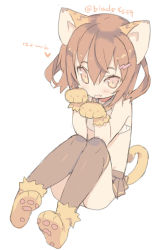 Rule 34 | 10s, 1girl, animal ears, animal hands, blade (galaxist), blush, brown eyes, brown hair, brown thighhighs, cat ears, cat tail, fang, gloves, hair ornament, hairclip, ikazuchi (kancolle), kantai collection, open mouth, paw gloves, paw pose, paw shoes, shoes, short hair, sitting, skirt, smile, solo, tail, thighhighs