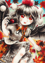 Rule 34 | 1girl, absurdres, autumn leaves, black hair, black ribbon, black skirt, black wings, blouse, camera, collared shirt, commentary request, feathered wings, feet out of frame, frilled shirt collar, frilled skirt, frills, hair between eyes, hat, highres, holding, holding camera, leaf, leaf print, looking at viewer, maa (forsythia1729), marker (medium), medium hair, neck ribbon, open mouth, pom pom (clothes), print shirt, print skirt, puffy short sleeves, puffy sleeves, red eyes, red hat, ribbon, shameimaru aya, shirt, short sleeves, skirt, solo, tokin hat, touhou, traditional media, v-shaped eyebrows, white shirt, wings