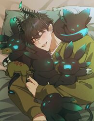 Rule 34 | 1boy, bed, black hair, black horns, blush, claws, closed eyes, commentary, drooling, earrings, english commentary, eyelashes, fangs, green sweater, hair between eyes, highres, horns, jewelry, long sleeves, lying, male focus, mouth drool, multiple earrings, nijisanji, nijisanji en, hugging object, on bed, on side, open mouth, pillow, pointy ears, ren zotto, renvader (ren zotto), ring, shirt, short hair, sleeping, sweater, teeth, undershirt, virtual youtuber, white shirt, yoy (0yyoyy0)