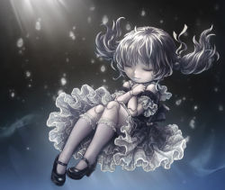 Rule 34 | 1girl, bad id, bad pixiv id, black hair, closed eyes, doll joints, dress, female focus, frills, full body, gradient background, joints, kaai yuki, lolita fashion, mary janes, nikerabi, shoes, socks, solo, twintails, vocaloid