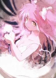 Rule 34 | 1girl, absurdres, alternate costume, bare arms, blurry, blurry background, breasts, chromatic aberration, cleavage, closed mouth, collarbone, dark background, dotori (seulseul), dress, floating hair, hair ribbon, hands up, highres, huge filesize, kaname madoka, light particles, light smile, long hair, looking afar, looking to the side, mahou shoujo madoka magica, mahou shoujo madoka magica (anime), medium breasts, pink hair, pink theme, ribbon, sidelighting, solo, spaghetti strap, strap slip, tareme, two side up, ultimate madoka, very long hair, white dress, white ribbon, yellow eyes