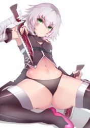 Rule 34 | 1girl, bare shoulders, black dress, black panties, black thighhighs, blush, boots, breasts, dress, dual wielding, elbow gloves, fate/apocrypha, fate/grand order, fate (series), fingerless gloves, gloves, green eyes, hair over one eye, holding, jack the ripper (fate/apocrypha), kameponde, knife, navel, panties, purple hair, short hair, sitting, small breasts, solo, spread legs, thigh boots, thighhighs, underwear, weapon, white gloves