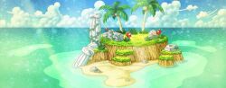 Rule 34 | artist request, beach, blue sky, cloud, coconut, coconut tree, creatures (company), day, flower, game cg, game freak, grass, horizon, island, light particles, light rays, nintendo, no humans, ocean, official art, outdoors, palm tree, pillar, plant, pokemon, pokemon mystery dungeon, pokemon mystery dungeon: rescue team dx, red flower, rock, ruins, sand, scenery, sky, sunlight, third-party source, tree, vines, water, wide shot