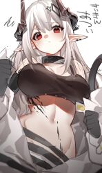 Rule 34 | 1girl, arknights, bodysuit, collar, from below, gomago magoma, grey hair, highres, horns, looking at viewer, material growth, midriff, mudrock (arknights), mudrock (elite ii) (arknights), navel, open bodysuit, open clothes, oripathy lesion (arknights), pointy ears, red eyes, solo, sports bra, white background