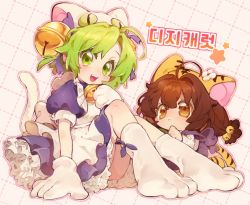 Rule 34 | 2girls, animal ears, animal hands, animal hat, apron, bell, bow, brown hair, cat hat, cat tail, chou ji yun, copyright name, dejiko, di gi charat, dotted line, fang, frills, gloves, green eyes, green hair, grid background, hair bell, hair ornament, hair ribbon, hat, highres, jingle bell, korean text, long hair, looking at another, looking at viewer, low twintails, maid apron, mittens, multiple girls, neck bell, open mouth, paw gloves, paw shoes, puchiko, ribbon, shoes, short hair, signature, simple background, sitting, smile, star (symbol), tail, tiger ears, tiger tail, twintails, white mittens, yellow eyes