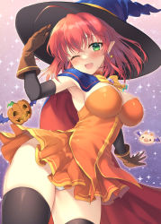 Rule 34 | 1girl, ahoge, alice wishheart, armpits, awayuki ramika, blush, bow, breasts, cape, choker, earrings, elbow gloves, gloves, green eyes, hat, highres, jack-o&#039;-lantern, jewelry, large breasts, looking at viewer, magical halloween, medium hair, one eye closed, orange skirt, panties, pantyshot, pointy ears, pointy hat, red hair, sideboob, skirt, star (symbol), star earrings, thighhighs, underwear, witch, witch hat, yellow bow