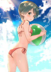 Rule 34 | 10s, 1girl, :d, alternate costume, ass, ball, bare arms, bare legs, bare shoulders, beachball, bikini, blue sky, blush, breasts, cloud, cowboy shot, day, flat ass, from behind, from side, green eyes, green hair, holding ball, kantai collection, light rays, looking at viewer, looking back, matching hair/eyes, mogami (kancolle), open mouth, red bikini, short hair, side-tie bikini bottom, sky, small breasts, smile, solo, sunlight, suzuho hotaru, swimsuit, tareme, thighs