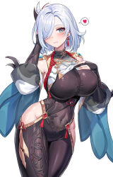 Rule 34 | 1girl, absurdres, alternate hairstyle, black gloves, blue eyes, blush, bodysuit, braid, braided ponytail, breast curtain, breasts, clothing cutout, covered navel, earrings, genshin impact, gloves, grey hair, hair ornament, hair over one eye, heart, highres, hip vent, jewelry, large breasts, long hair, looking at viewer, shenhe (genshin impact), skl, solo, tassel, very long hair, white background, white hair