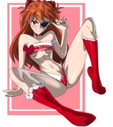 Rule 34 | 1girl, arm support, bikini, black choker, blue eyes, blurry, blurry background, blush, boots, brown hair, choker, christmas, cowboy shot, curvy, evangelion: 3.0 you can (not) redo, eyepatch, hand on own hip, highleg, highleg panties, highres, long hair, looking at viewer, minicop2001, naughty face, navel, neon genesis evangelion, panties, rebuild of evangelion, red bikini, revealing clothes, ribbon, see-through, see-through shirt, shiny skin, shirt, solo, souryuu asuka langley, spread legs, swimsuit, thong, tied shirt, underwear, very long hair, wide hips