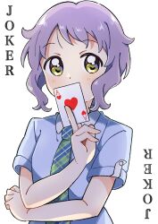 Rule 34 | 1girl, ace (playing card), ace of hearts, aya 913193, blue shirt, card, checkered necktie, clenched hand, commentary request, covering own mouth, dot nose, hand up, heart, highres, holding, holding card, idolmaster, idolmaster million live!, joker (playing card), light blush, looking at viewer, makabe mizuki, necktie, playing card, purple hair, shirt, short hair, short sleeves, sidelocks, solo, upper body, wavy hair, white background, wing collar, yellow eyes