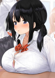 Rule 34 | 3girls, :t, black hair, bow, bowtie, bra, bra peek, bra visible through clothes, breast rest, breasts, button gap, cleavage, collared shirt, commentary request, dress shirt, huge breasts, kaisen chuui, long hair, multiple girls, original, pout, purple eyes, shirt, sidelocks, solo focus, twintails, underwear, white shirt