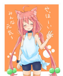 Rule 34 | 1girl, ahoge, animal ear fluff, animal ears, arm up, bike shorts, cat ears, choker, closed eyes, hair bobbles, hair ornament, hinata channel, kame rider, long hair, low twintails, nekomiya hinata, open mouth, orange thighhighs, pink hair, shorts, smile, solo, thighhighs, twintails, vest, virtual youtuber, watch, waving, white vest, wristwatch