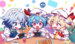 Rule 34 | !, 3girls, absurdres, ascot, black tea, blonde hair, blue eyes, blue hair, blue vest, blush, braid, brand name imitation, checkerboard cookie, collared shirt, commentary request, cookie, crystal, cup, drink, drinking glass, eighth note, flandre scarlet, food, frilled shirt collar, frills, grey hair, handheld game console, hat, hat ribbon, highres, holding, holding handheld game console, izayoi sakuya, long hair, maid, maid headdress, mob cap, multiple girls, musical note, nintendo switch, one side up, open mouth, pudding, puffy short sleeves, puffy sleeves, red eyes, red ribbon, red vest, remilia scarlet, ribbon, shirt, short hair, short sleeves, siblings, sisters, skull, tea, touhou, twin braids, vest, white hat, white shirt, wings, wrist cuffs, yamanakaume, yellow ascot