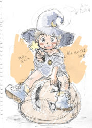 Rule 34 | 1boy, blush, halloween, hat, looking at viewer, lowres, male focus, mitsui jun, open mouth, original, pumpkin, sketch, smile, solo, wand, witch hat