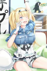 Rule 34 | 1girl, blonde hair, blue eyes, blue shirt, blush, book, bookshelf, breast pocket, breasts, commentary, commentary request, couch, cowboy shot, failure penguin, gambier bay (kancolle), gloves, hair between eyes, highres, kantai collection, large breasts, long hair, multicolored clothes, one eye closed, open mouth, pillow, pocket, sabakuomoto, shirt, shorts, sitting, sleepy, solo, stretching, thighs, twintails, waking up, white gloves, yawning