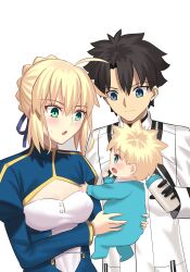 Rule 34 | 1girl, 2boys, ahoge, artoria pendragon (all), artoria pendragon (fate), black hair, blonde hair, blue eyes, blush, bottle, fate/grand order, fate/stay night, fate (series), father and son, fujimaru ritsuka (male), fujimaru ritsuka (male) (decisive battle chaldea uniform), highres, holding, holding bottle, if they mated, longdq3008, milk bottle, mother and son, multiple boys, saber (fate), short hair, tagme