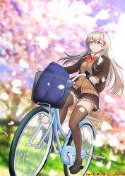 Rule 34 | 1girl, aqua eyes, aqua hair, ascot, bag, bicycle, blazer, blush, breasts, brown jacket, brown skirt, brown thighhighs, cardigan, cherry blossoms, closed mouth, hair ornament, hairclip, jacket, kantai collection, large breasts, long hair, moke ro, open cardigan, open clothes, panties, pantyshot, pleated skirt, school bag, school uniform, skirt, smile, solo, suzuya (kancolle), thighhighs, underwear