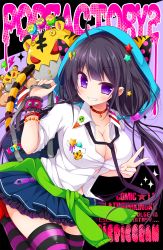 Rule 34 | 1girl, bag, black hair, black necktie, black thighhighs, blue skirt, blush, bracelet, cd, collar, collarbone, duffel bag, fang, hair ornament, headphones, headphones around neck, heart, highres, jewelry, long hair, looking at viewer, necktie, open mouth, original, picpicgram, purple eyes, purple thighhighs, skirt, smile, solo, star (symbol), star hair ornament, striped clothes, striped thighhighs, sunshine creation, teeth, thighhighs, twintails, v