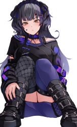 Rule 34 | 1girl, asymmetrical legwear, black footwear, black hair, black headwear, black shirt, black thighhighs, closed mouth, collar, commentary request, fishnet thighhighs, fishnets, frilled collar, frills, hair ornament, heart, highres, idolmaster, idolmaster shiny colors, knees together feet apart, knees up, looking at viewer, maid headdress, applying manicure, mayuzumi fuyuko, mismatched legwear, nail polish, purple collar, purple nails, purple skirt, purple thighhighs, shirt, simple background, single bare shoulder, single off shoulder, skirt, solo, sticker on face, thighhighs, v-shaped eyebrows, white background, yellow eyes, zundakun0123