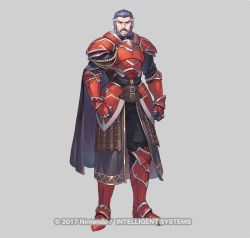 Rule 34 | 1boy, armor, beard, belt, black pants, brown belt, buckle, cape, clenched hand, closed mouth, commentary request, duessel (fire emblem), facial hair, fire emblem, fire emblem: the sacred stones, fire emblem heroes, frown, full body, gauntlets, gold trim, greaves, grey background, grey eyes, grey hair, looking at viewer, male focus, multicolored hair, mustache, nintendo, nishiki areku, official art, pants, pauldrons, purple cape, purple shirt, red armor, serious, shirt, shoulder armor, simple background, two-tone hair, watermark, white hair, wrinkled skin