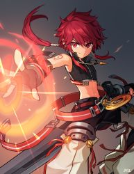 Rule 34 | 1boy, arm tattoo, commentary, elsword, elsword (character), jewelry, looking at viewer, magic, midriff peek, navel, necklace, ohil (ohil822), outstretched arms, red eyes, red hair, simple background, smile, solo, tattoo, wrist cuffs