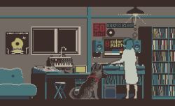 Rule 34 | 1girl, animal, animated, animated gif, blue hair, couch, dog, dress, female focus, headphones, indoors, instrument, keyboard (instrument), motocross saito, one side up, original, phonograph, pixel art, stool, turntable, window