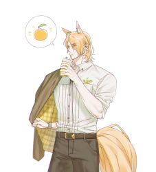 Rule 34 | 1boy, alternate costume, animal ear fluff, animal ears, arknights, belt, blonde hair, brown belt, brown pants, commentary request, drink, drinking, drinking straw, hair over one eye, highres, holding, holding drink, horse boy, horse ears, horse tail, jacket, jacket on shoulders, korean commentary, looking at viewer, male focus, mamara tang, mlynar (arknights), pants, plaid, shirt, short hair, simple background, sleeves rolled up, tail, watch, white background, white shirt, wristwatch, yellow eyes