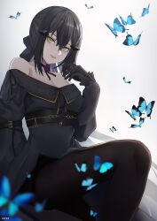 1girl absurdres black_choker black_dress black_gloves black_hair black_pantyhose blue_butterfly breasts bug butterfly choker closed_mouth commentary cozie178 dandelion_(girls&#039;_frontline) dress english_commentary flower flower_choker girls&#039;_frontline girls&#039;_frontline_2:_exilium gloves highres insect looking_at_viewer pantyhose purple_flower simple_background solo too_many too_many_butterflies white_background yellow_eyes